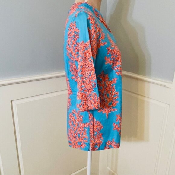 Lilly Pulitzer 100% Cotton Top Blouse Resortwear Turquoise Coral Siesta Medium - Picture 4 of 9